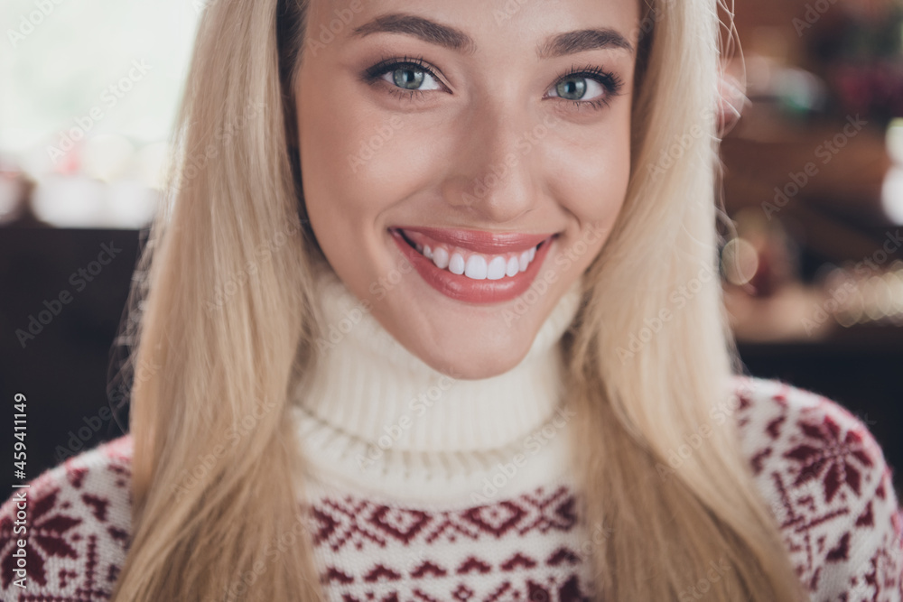 Cropped photo of young cheerful girl happy positive toothy smile glad content noel new year spirit indoors Cropped photo of young cheerful girl happy positive toothy smile glad content noel new year spirit indoors