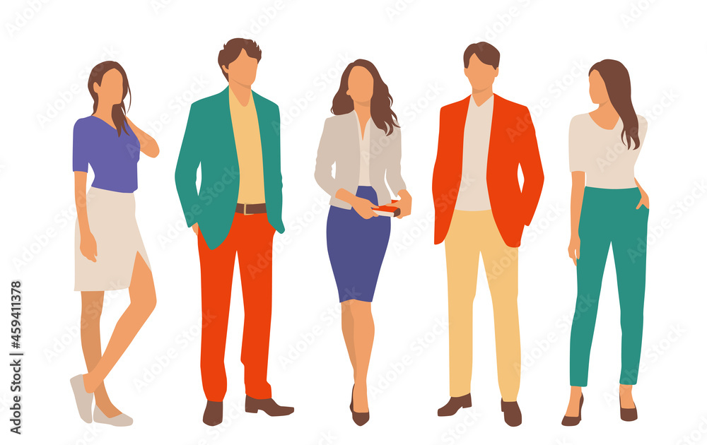 Obraz premium Set of young men and women, different colors, cartoon character, group of silhouettes of standing business people, students, the design concept of flat icon, isolated on white background