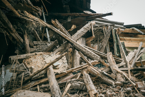Old ruined building close up. Dismantling of house or after disaster.