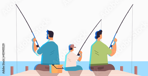 male parents fishing with little son gay family transgender love LGBT community concept horizontal