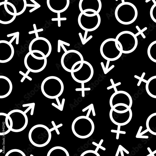 Black and white LGBT seamless pattern of male and female simbols. Mars and Venus icons. Vector sexual orientation and gender 