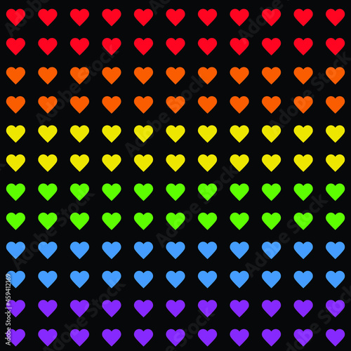 Seamless vector pattern. Rainbow hearts on black background. LGBT flag. Pride Month. Colorful repeated hearts