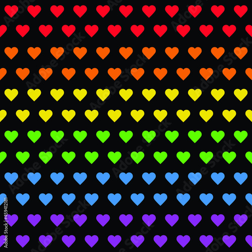 Seamless vector pattern. Rainbow hearts on black background. LGBT flag. Pride Month. Colorful repeated hearts