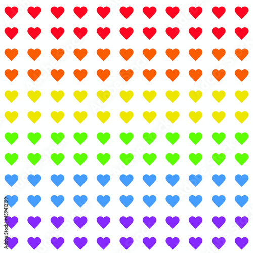 Seamless vector pattern. Rainbow hearts on white background. LGBT flag. Pride Month. Colorful repeated hearts