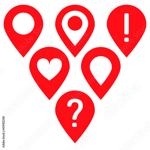 Map pin icons set. Red vector icon. Signs for map. Location marker.