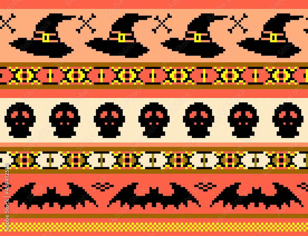 Halloween, pixel art. seamless pattern with bats hats and skulls, repeating background for embroidery and knitting,Seamless knitting pattern