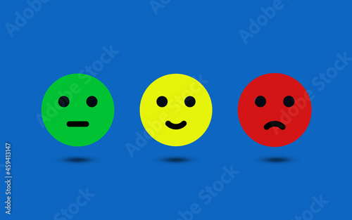 Three 3D Emoticon On different state Of Mind. Concept of Customer service and happy client. Blue background 