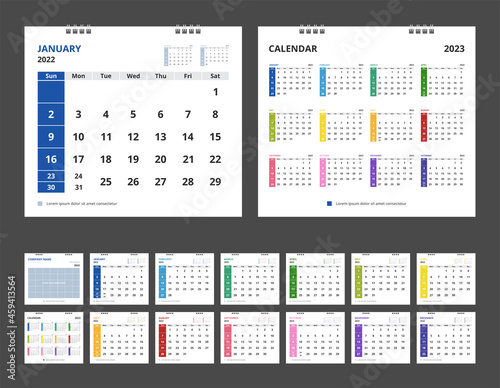 2022 calendar. Set desk calendar for template corporate design. Week start on Sunday.