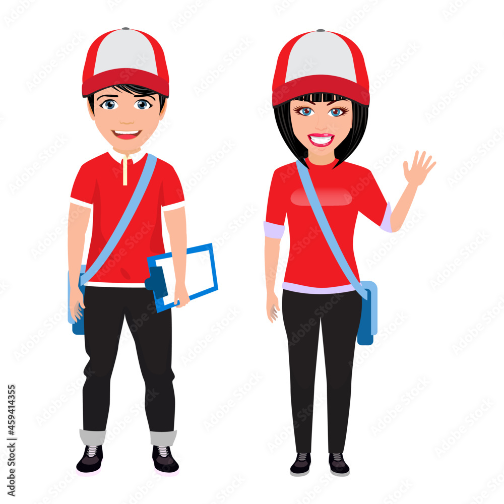 Happy cute deliverywoman delivery boy character standing with clipboard wearing uniform Happy cute deliverywoman delivery boy character standing with clipboard wearing uniform