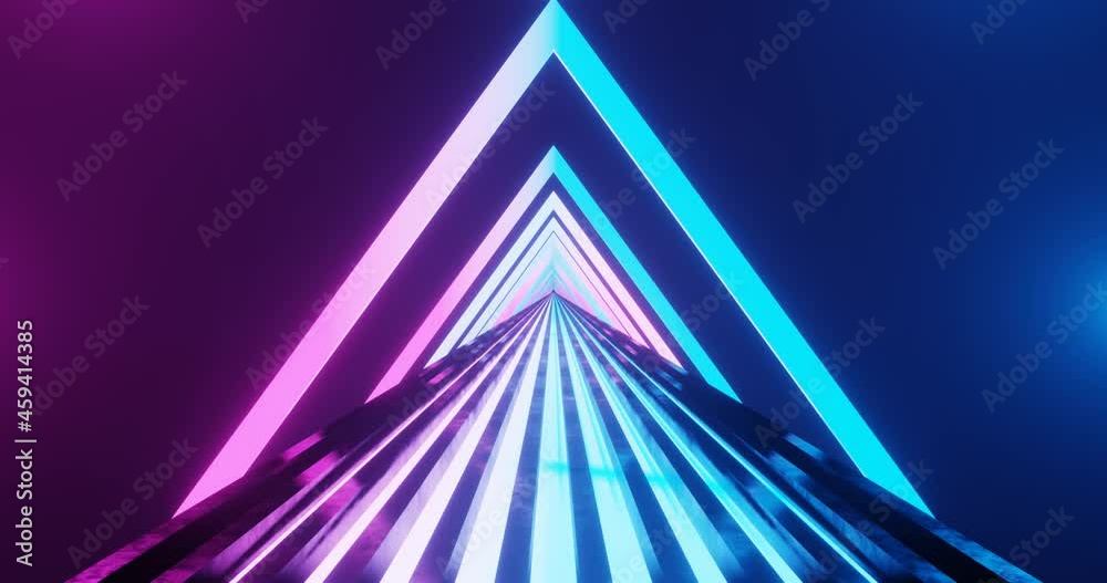3d rendering seamless loop motion of pink and blue neon path and triangle gates.