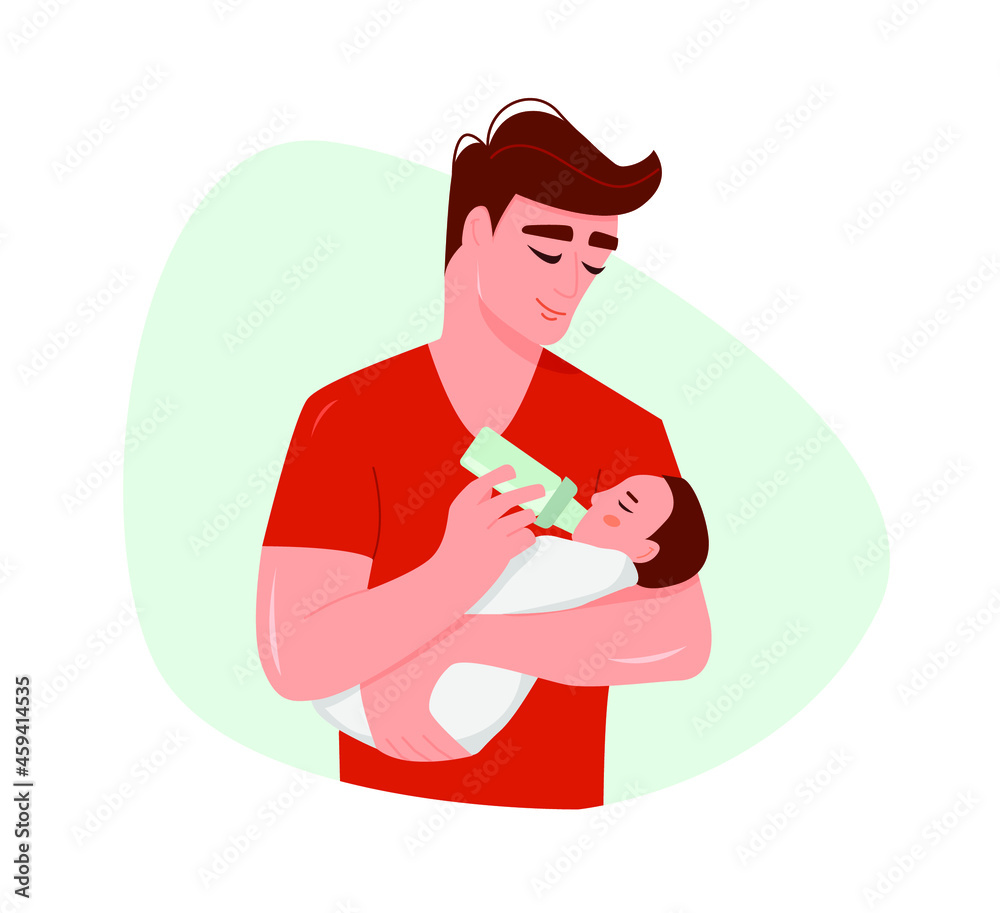 A young father feeding  the baby with milk from a bottle. Father's day clip art, postcard, banner. Fatherhood.  Vector illustration in flat style.