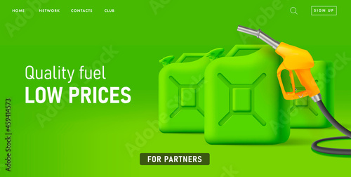 Sale Poster for gas station with fuelling nozzel and oil canisters, bright green color