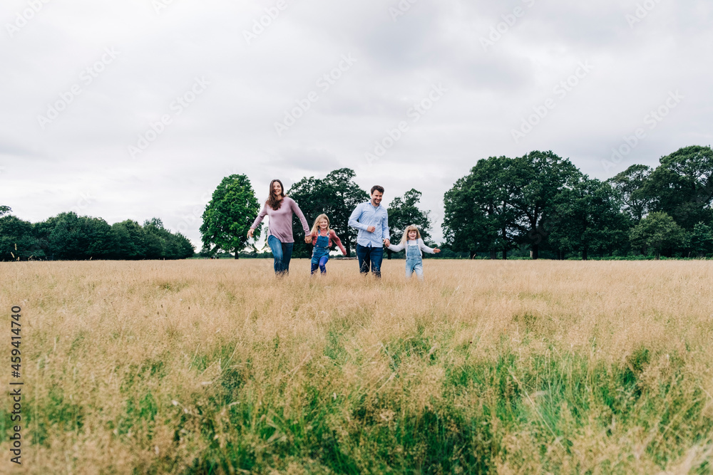 Carefree family holding hands while walking on grass Carefree family holding hands while walking on grass