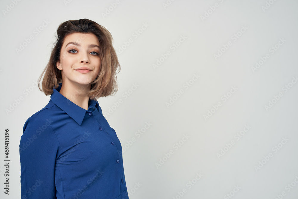 Business woman in blue shirt moda Studio isolated background Business woman in blue shirt moda Studio isolated background