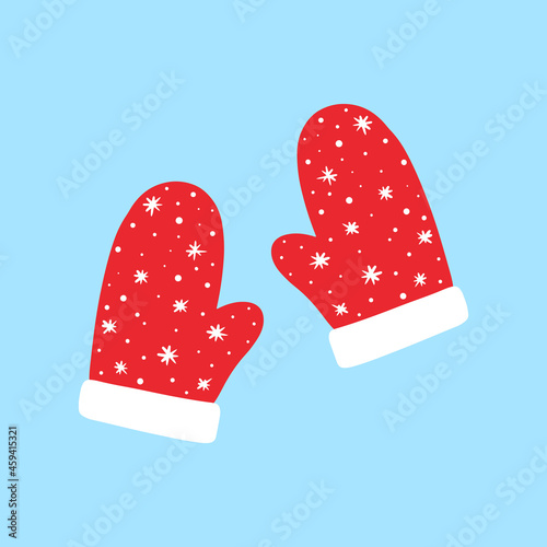 Cute cartoon style couple of red mittens with snowflake ornament. Warm winter clothes, accessories vector icon, illustration.