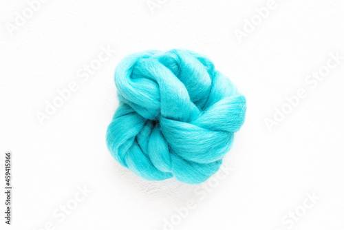 Woolen yarn blue on white background