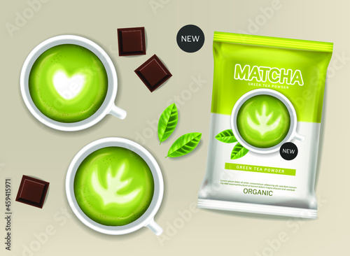 Matcha green tea powder vector realistic. Product placement mock up healthy d...