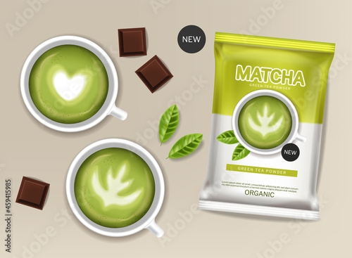 Matcha green tea powder vector realistic. Product placement mock up healthy d...
