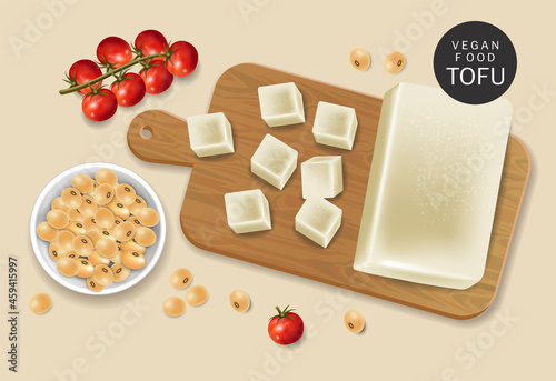 Vegan tofu cheese vector realistic. Soy beans and cherry tomatoes 3d detailed illustrations