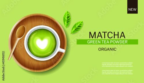 Matcha green tea cup vector realistic. Product placement mock up healthy drink label designs