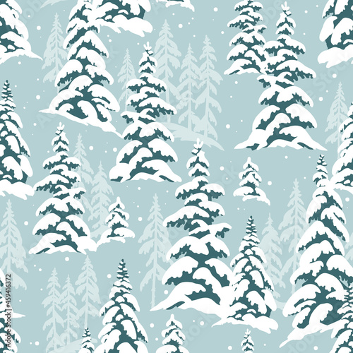 Snowy winter forest with snowy pine trees on light blue background. Seamless vector pattern. Perfect for textile, wallpaper or print design.