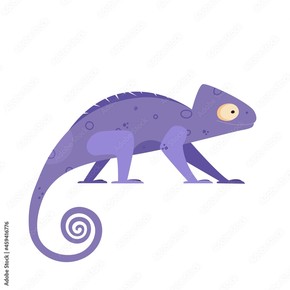 Cute small chameleon lizard in flat style. Vector illustration of animal on white background.
