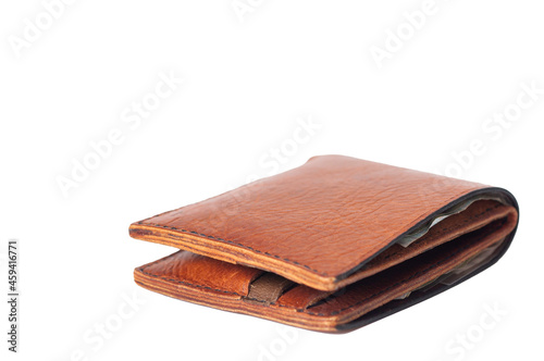 Genuine leather money wallet isolate with clipping path, handmade men wallet.