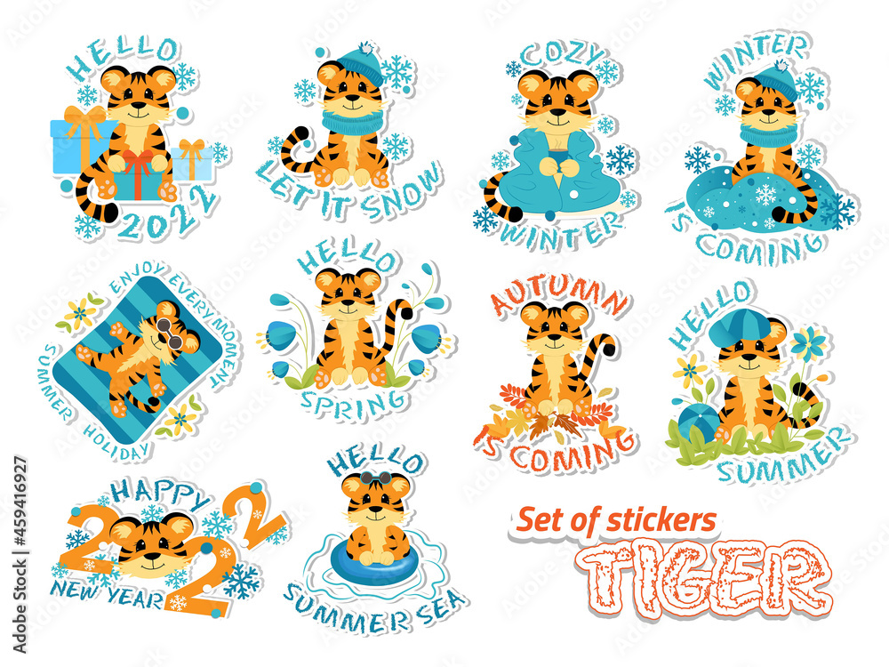 Set of stickers with symbol of the 2022 year. Cute little tiger in different seasons and new year. Colorful design for social media communication, networking, website badges, greeting cards.