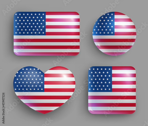 USA flag glossy buttons of geometric shape set. United States of America country national flag shiny badges, symbols in patriotic colors realistic vector illustration