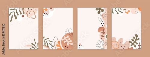 Modern cards with backgrounds for text and abstract natural shapes. Set of minimal backdrop designs with trendy creative random forms, leaf plants and blots. Contemporary flat vector illustrations