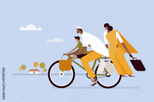 Illustration of an Indian family travelling on a bicycle