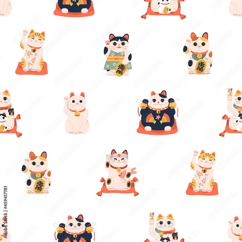 Seamless pattern with maneki-neko cats for good luck and fortune. Repeating background with Japanese lucky dolls. Printable endless texture with Asian figurines. Flat vector illustration for printing