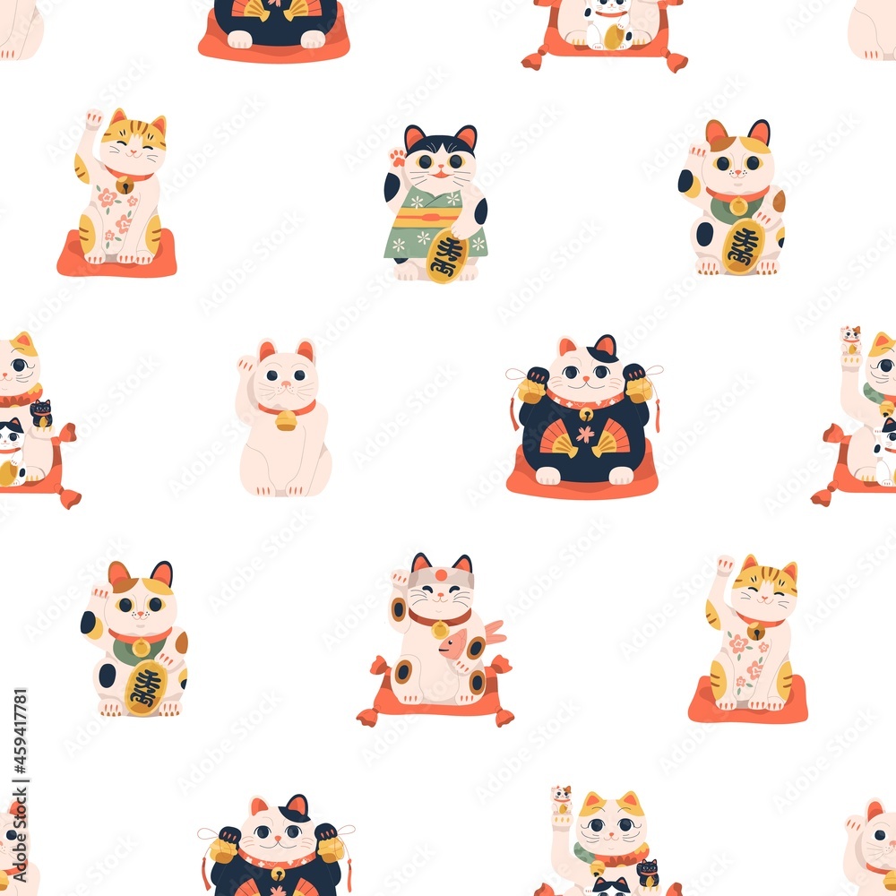 Seamless pattern with maneki-neko cats for good luck and fortune. Repeating background with Japanese lucky dolls. Printable endless texture with Asian figurines. Flat vector illustration for printing Seamless pattern with maneki-neko cats for good luck and fortune. Repeating background with Japanese lucky dolls. Printable endless texture with Asian figurines. Flat vector illustration for printing
