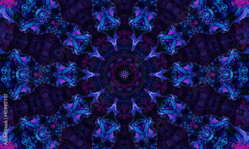 Ultra violet background, Bougainvillea tropical flowers with kaleidoscope effect, mandala floral pattern.