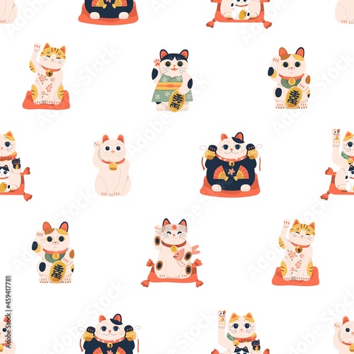 Fototapeta Naklejka Na Ścianę i Meble -  Seamless pattern with maneki-neko cats for good luck and fortune. Repeating background with Japanese lucky dolls. Printable endless texture with Asian figurines. Flat vector illustration for printing