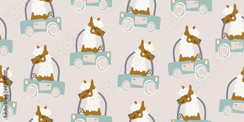 Fototapeta Naklejka Na Ścianę i Meble -  Vector seamless pattern with cute lamas, alpacas driving the truck, vehicle on beige background. Simple and stylish kids pattern, perfect for nursery, textile, print, bedding for boys and girls