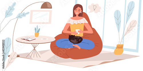 Dreaming people concept in flat design. Happy woman are sitting, dreaming, drinking coffee at home. Young girl sits at cozy room, imagines and comes up with ideas, people scene. Vector illustration