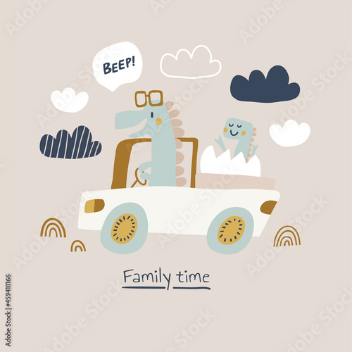 cute vector illustration with dino parent and child riding a car with beep sign. Dinosaur family travelling. Dragon mother and baby iPerfect for kids clothing, textile, print. Kids rabbit illustration
