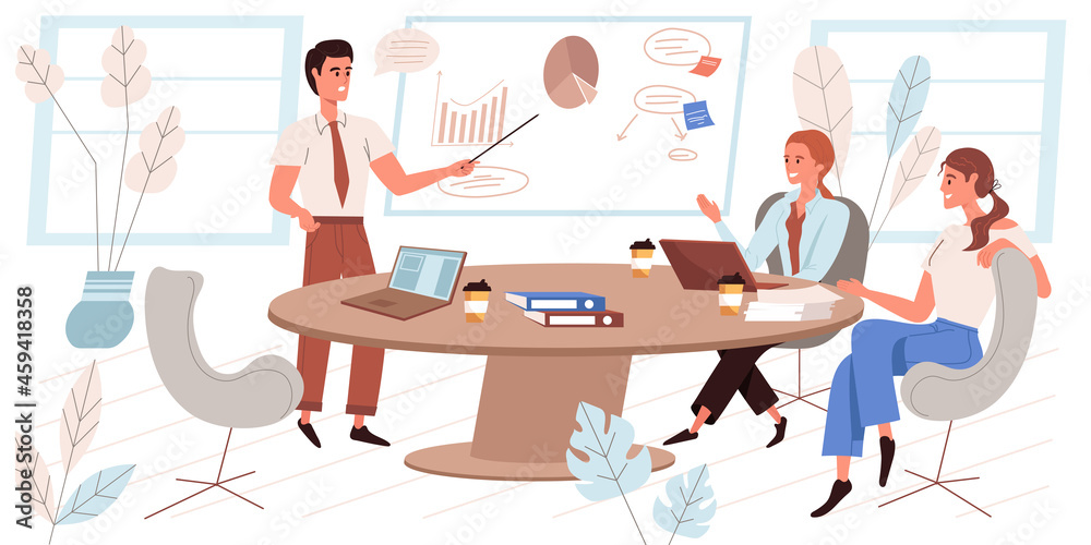 Leadership concept in flat design. Successful team of employees at business meeting, colleagues making presentation and brainstorming. Partnership and collaboration people scene. Vector illustration