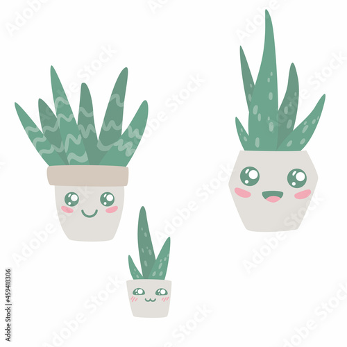 Set of Kawaii aloe vera in pots. Hand drawn collection of cute house plants growing in pots. Aloe in pot vector illustration.