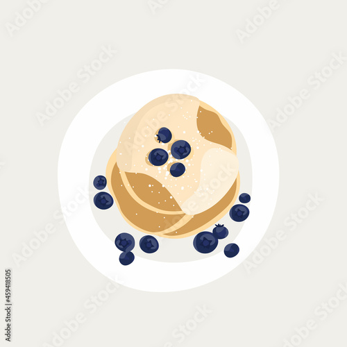 Sweet classic breakfast with pancakes. top view vector illustration. Pancakes with condensed milk and berries. Plate with a beautiful breakfast.