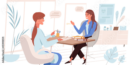 Medical clinic concept in flat design. Patient is talking to doctor in office. Therapist consults woman, diagnoses her and prescribes treatment. Medical services, people scene. Vector illustration