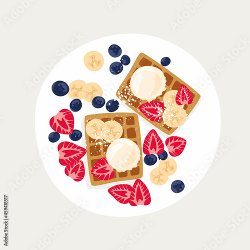 Sweet classic breakfast with Belgian waffles. top view vector illustration. Belgian waffles with ice cream, strawberries, blueberries and banana.