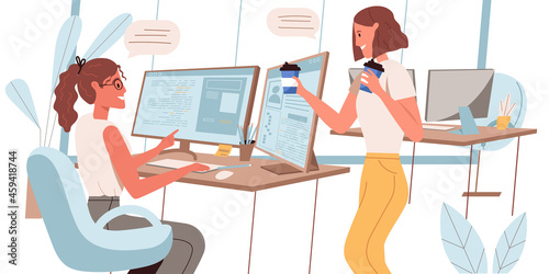 Programmers working concept in flat design. Women developers work in office, discuss te project, drink coffee in office. Employee workplace, creates software and apps people scene. Vector illustration