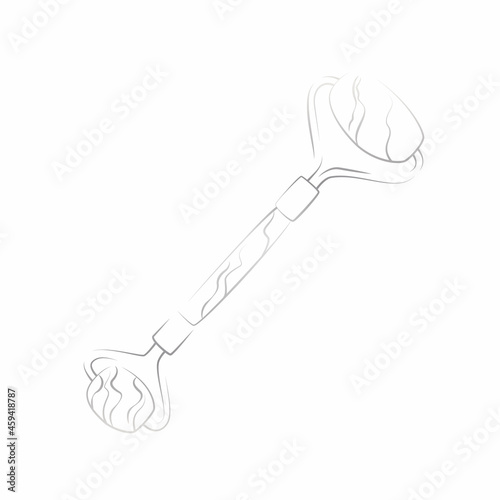 Facial massage roller tool isolated on white background. Quarts stone self massage scraper. Home beauty routine. Elegant silver facial roller in line style.
