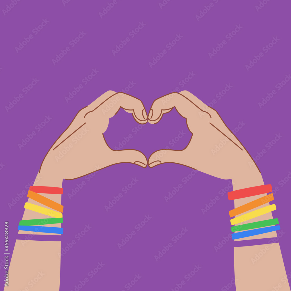 Fototapeta premium Hands in Heart sign isolated on purple background. Hands with bracelets in LGBT flag colors. LGBT poster design. Two hands form a heart gesture.