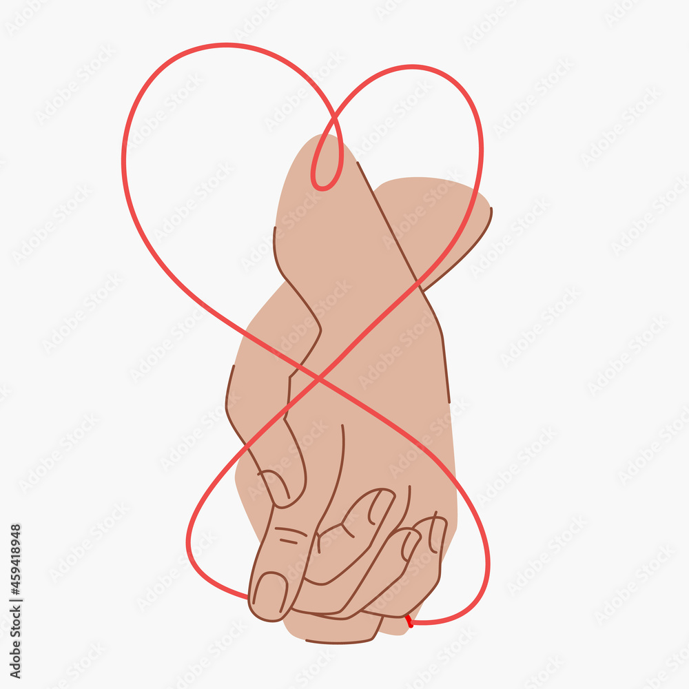 Red thread of fate that connects the hands of lovers. Couple holding hands. Red thread of fate in the shape of a heart. Two hands are connected by a red string of fate. Red thread of fate that connects the hands of lovers. Couple holding hands. Red thread of fate in the shape of a heart. Two hands are connected by a red string of fate.