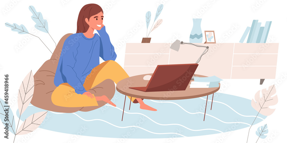 Working at home concept in flat design. Woman remotely works on laptop sitting at bag chair. Freelancer doing tasks online from home. Freelance or distance work people scene. Vector illustration
