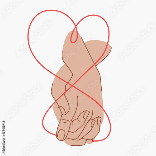 Red thread of fate that connects the hands of lovers. Couple holding hands. Red thread of fate in the shape of a heart. Two hands are connected by a red string of fate.