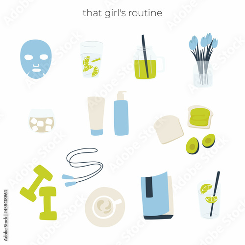 "That Girl" Morning Routine. Every day self care. Aesthetic Healthy habits set. Sport, breakfast, reading, skincare etc.
